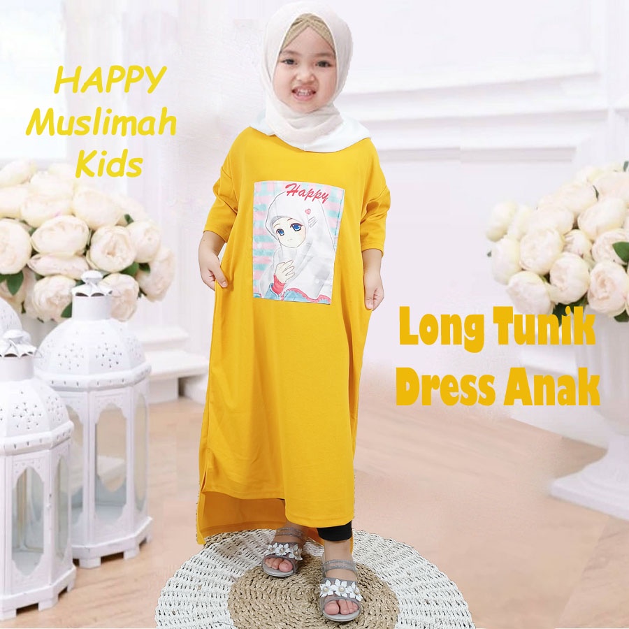 DRESS ANAK LONG TUNIK OVERSIZE HAPPY KIDS MURAH CANTIK MUSLIMAH PEREMPUAN 2-13tahun CARLINA