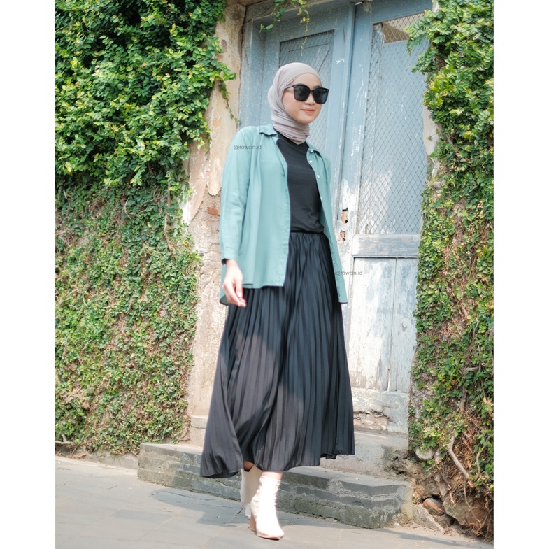 KEMEJA WANITA POLOS LENGAN PANJANG WANITA KATUN RAYON LONG SHIRT ORGANIK GREEN SAGE