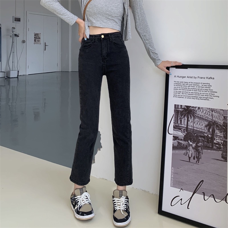 New 9/10 hitam korean style stretch jeans pants high straigh import