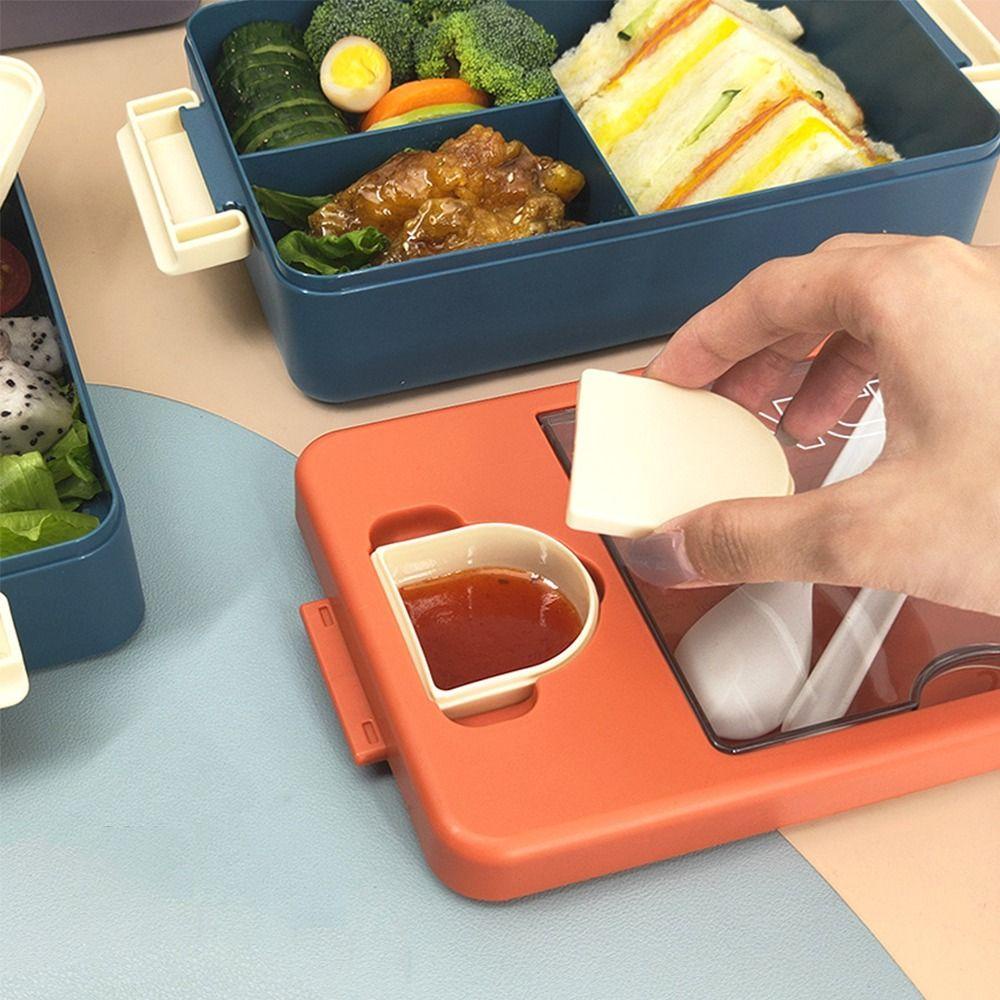 Top Lunch Box Microwavable Rectangle Grid Dengan Sendok Wadah Makanan