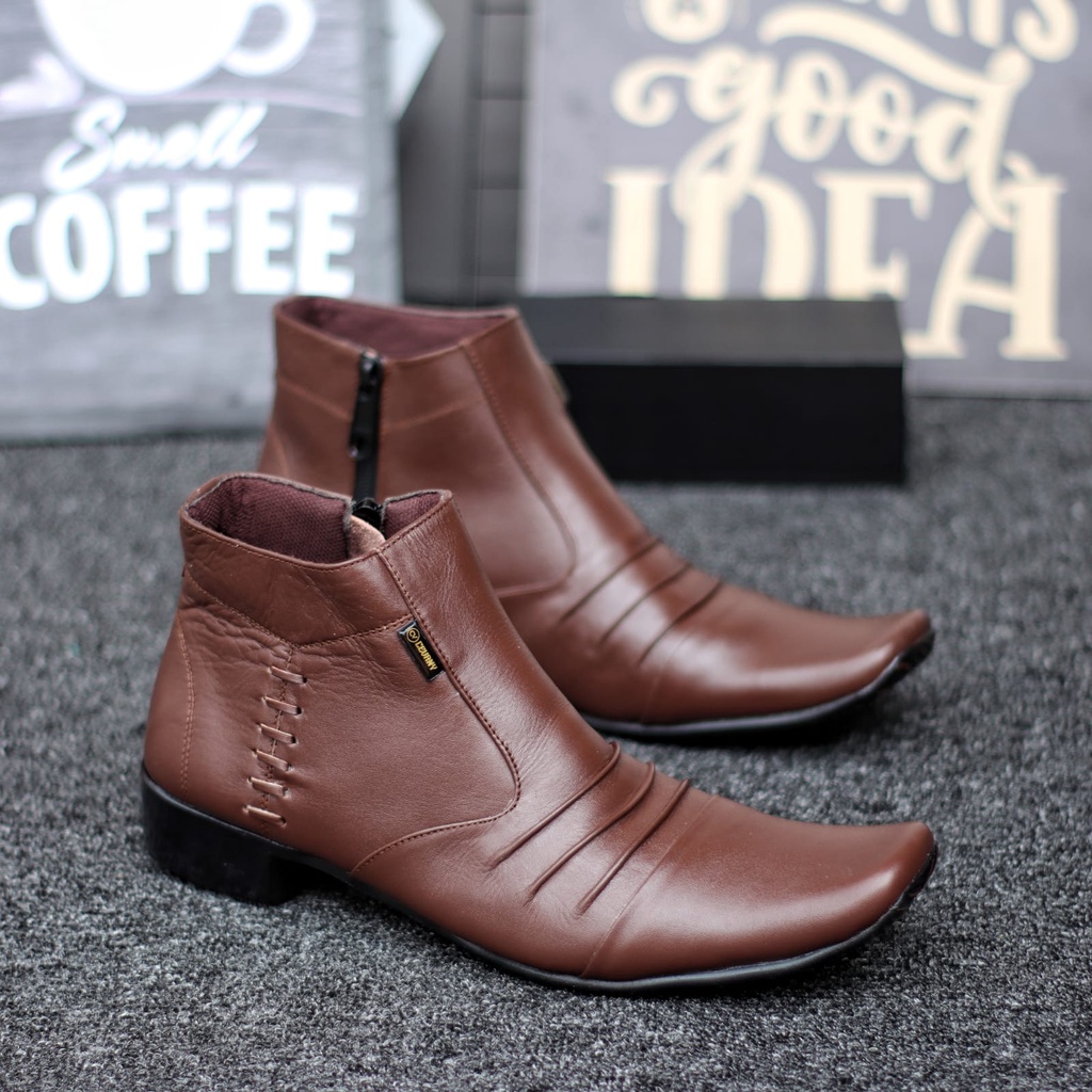 Sepatu Boots Pantofel Kulit Asli Formal Resleting Kerja Hitam Pria Abrhm Badami