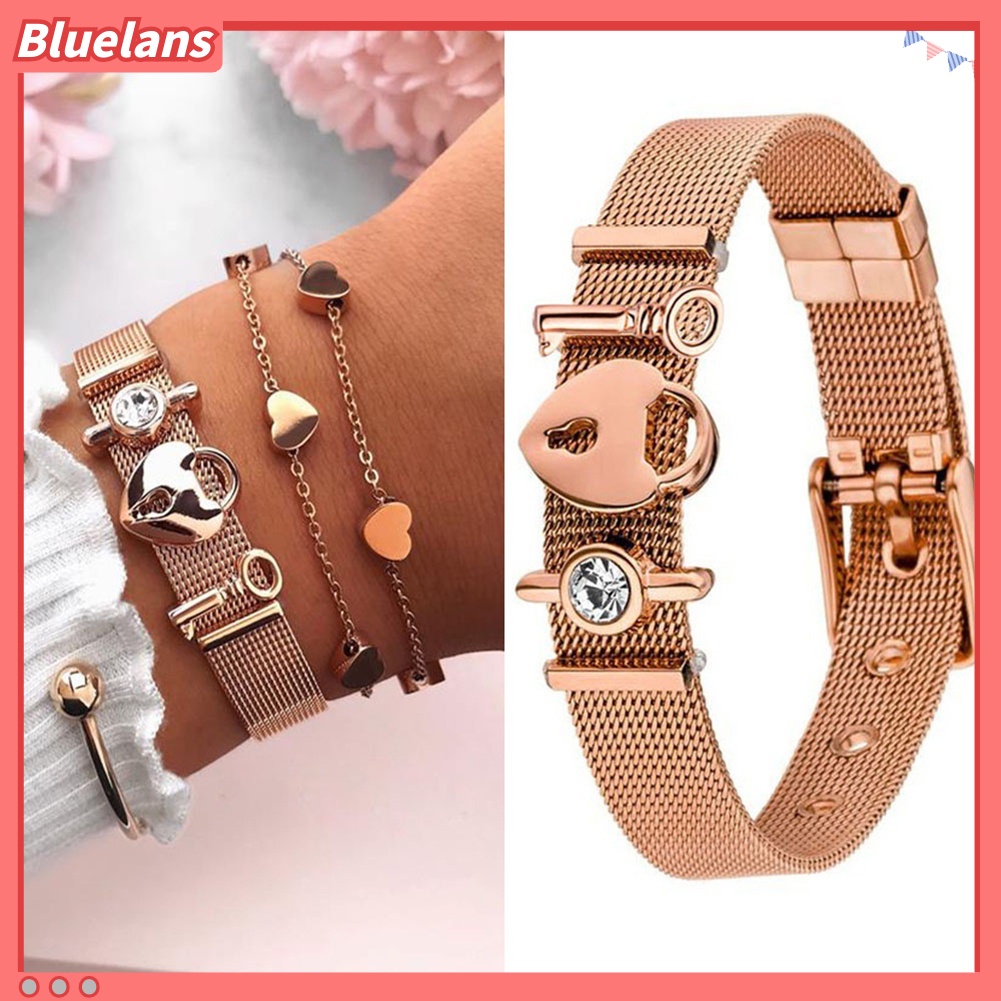 Bluelans Lady Mesh Stainless Steel Key Heart Padlock Charm Dress Bracelet Valentines Gift