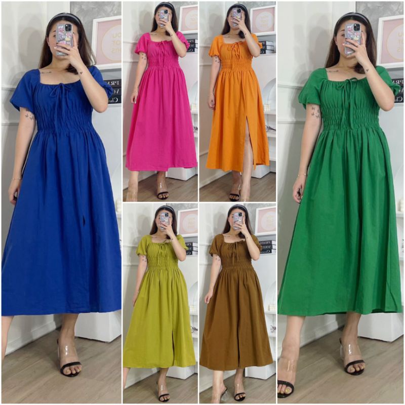 ♡ PREMIUM ♡ REAL PIC ! MEIRYN VINTAGE SMOCKED SLIT MIDI DRESS