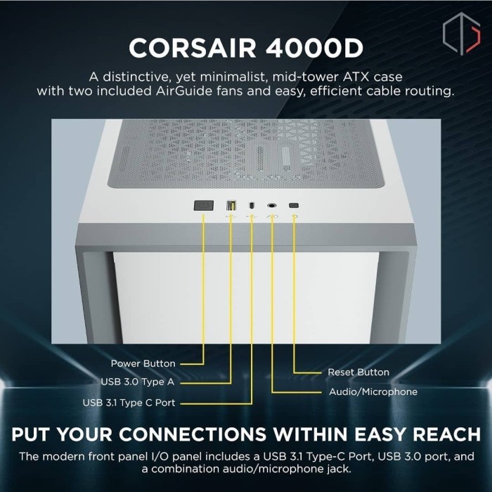 [tanpa palet kayu] Casing Corsair 4000D Tempered Glass Mid-Tower ATX Gaming Case - WHITE