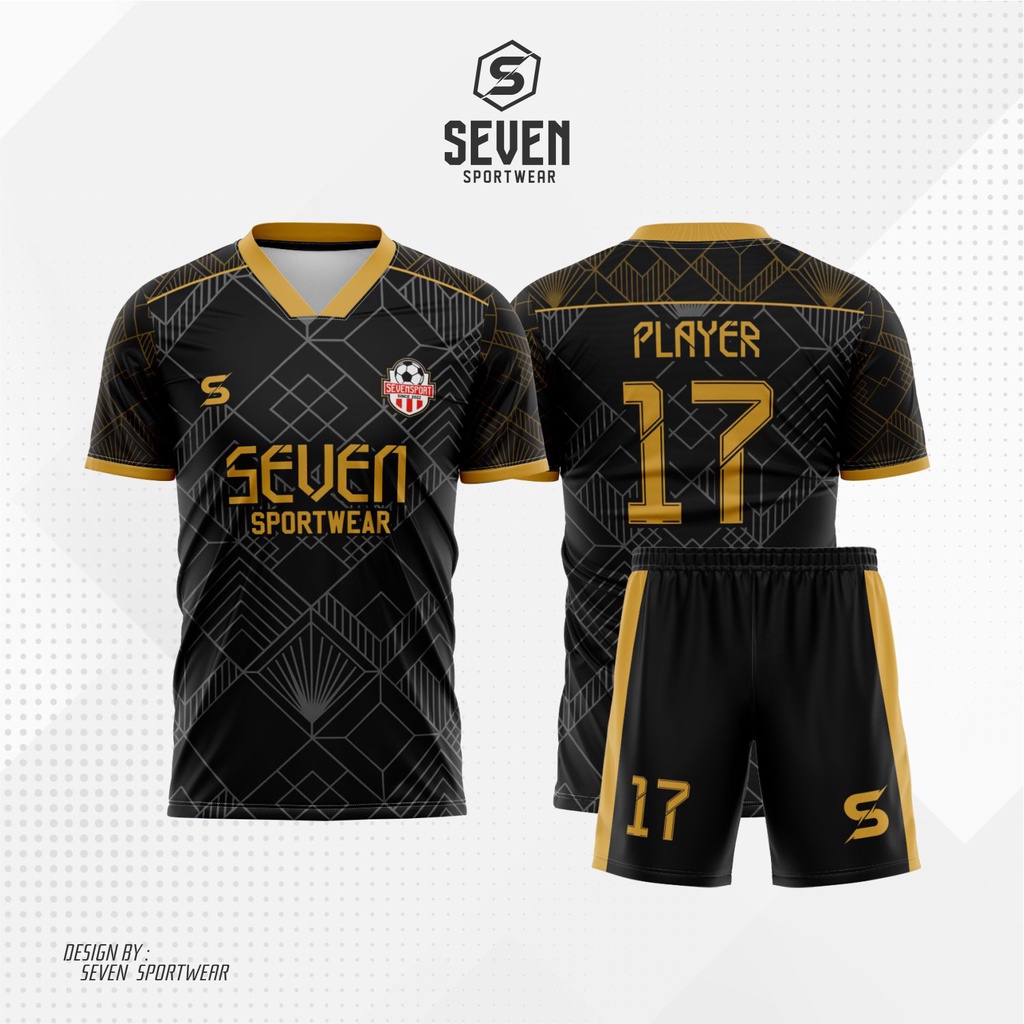 Jersey Sepak Bola / Futsal Abstract Line Hitam Gold Full Printing Bebas Custom Design Seven Sportwea