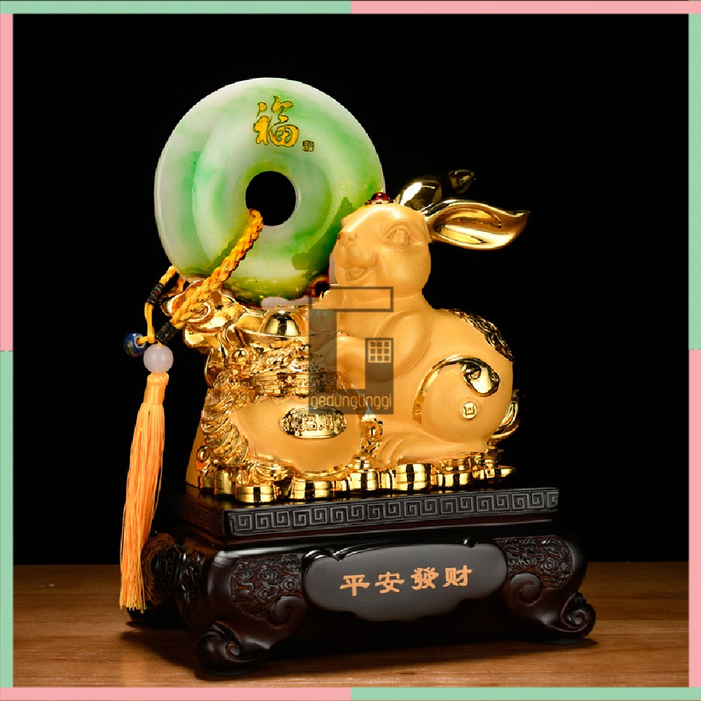 Patung Pajangan Hiasan Dekorasi Kado Hadiah Gift Box Imlek Sincia Fengshui Shio Sio Sheshio Hewan 12 Animal Zodiak Bintang Binatang Hewan Kelinci Rabbit Batu Giok Rejeki Keberuntungan Feng Shui Gold Emas Kuningan Doff Tahun Baru Cina 2023 Besar Jumbo Size