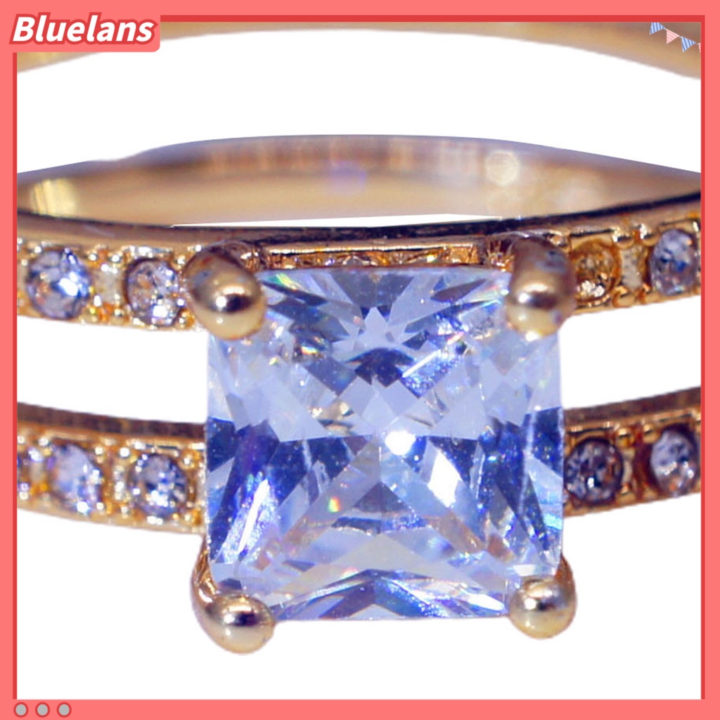 Bluelans Cincin Wanita Model Lapis Ganda Bentuk Persegi Aksen Berlian Imitasi Untuk Pernikahan