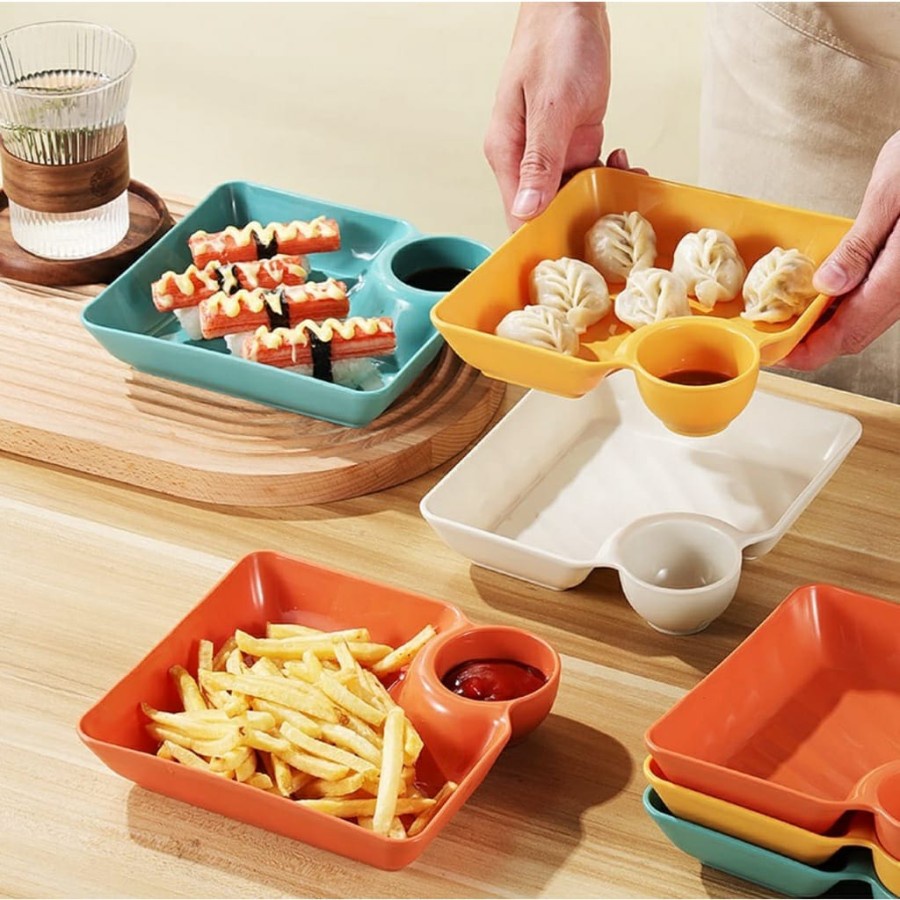 (clashop)Piring Unik Dengan Tempat Sambal Saos Kecap Piring Gorengan Square Segi Piring