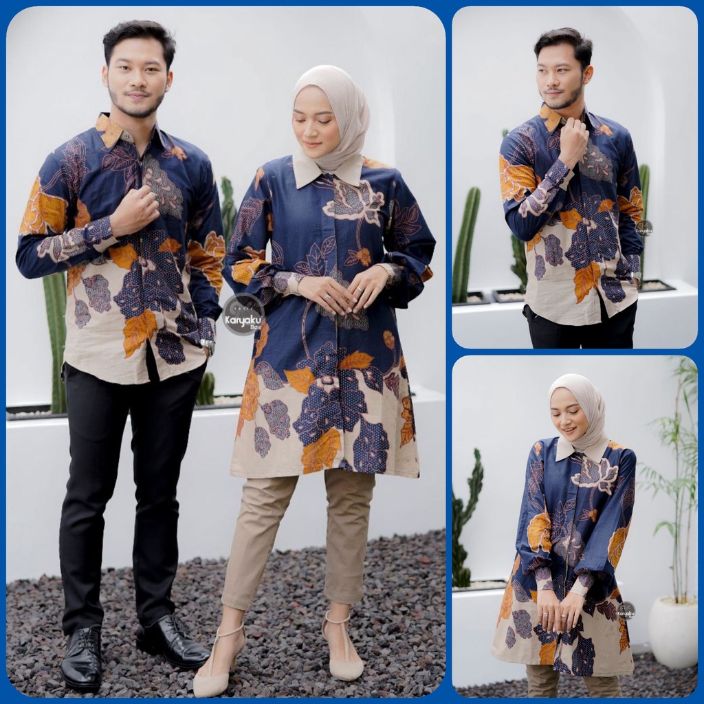 BATIK COUPLE MODERN MOTIF MAWAR NAVI KEMEJA &amp; TUNIK BATIK ATASAN BATIK WANITA BATIK PRIA