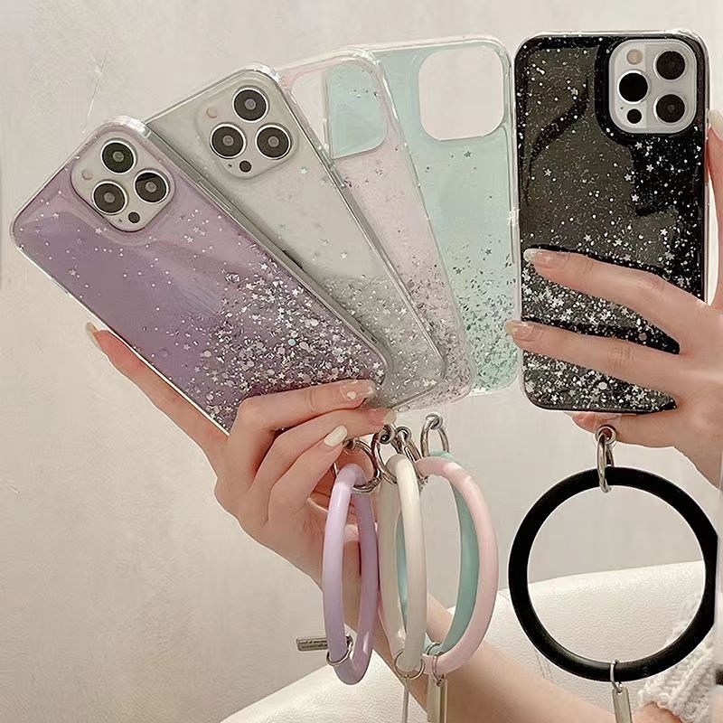 Soft Case Bahan TPU Motif Marmer Glitter Dengan Gelang Untuk iPhone 14 Pro Max 13 Pro Max 11 Pro Max XR X XS Max 7 8 Plus SE 2020