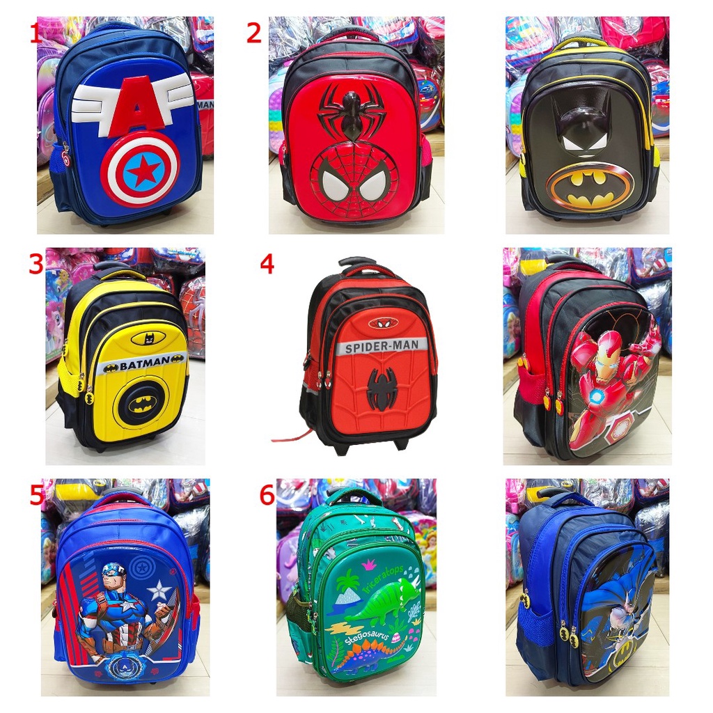 Tas Dorong Troli Anak COWOK SD Karakter SUPERHERO SPIDERMAN BATMAN AVENGERS IRONMAN - GAMBAR TIMBUL 
