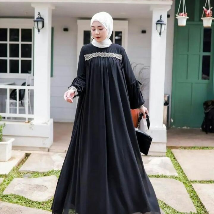 Gamis Hitam Anggun Maxy Dress Bahan Ceruty babydoll premium Motif Polos Pakaian Muslim Wanita Maxy D
