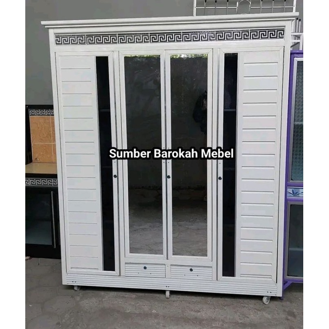 PROMO RAMADHAN Lemari Pakaian Alumunium Kaca Pintu 4 Kripyak Putih + 2 laci