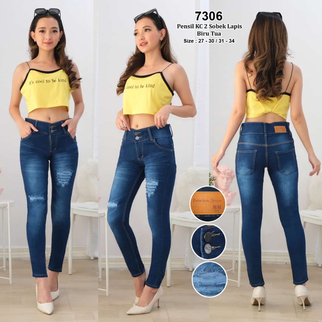 Celana Panjang Jeans Wanita Pensil KC 2 Sobek Lapis 27-30 31-34 Bisa Bayar Ditempat(COD)