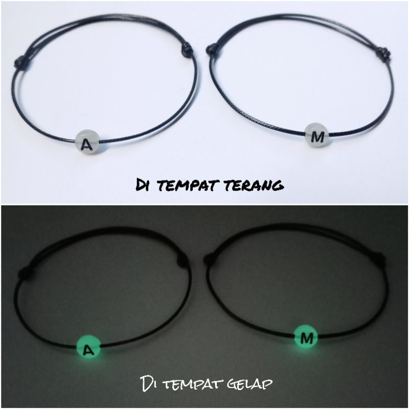 1 Lusin (12 Pcs) Gelang Tangan Korea Tali Hitam Abjad Warna Menyala Dalam Gelap Glow In The Dark