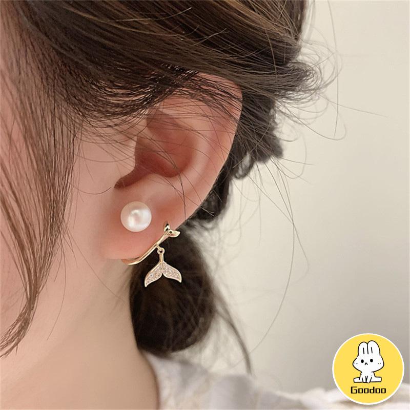 Pearl Fishtail Back Hanging Earrings Wanita High-end Cahaya Mewah Penuh Berlian Anting Geometris -Doo