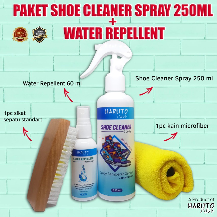 Paket pembersih sepatu Haruto shoe cleaner spray 250ml+water repellent 60ml+sikat sepatu+kain microfiber