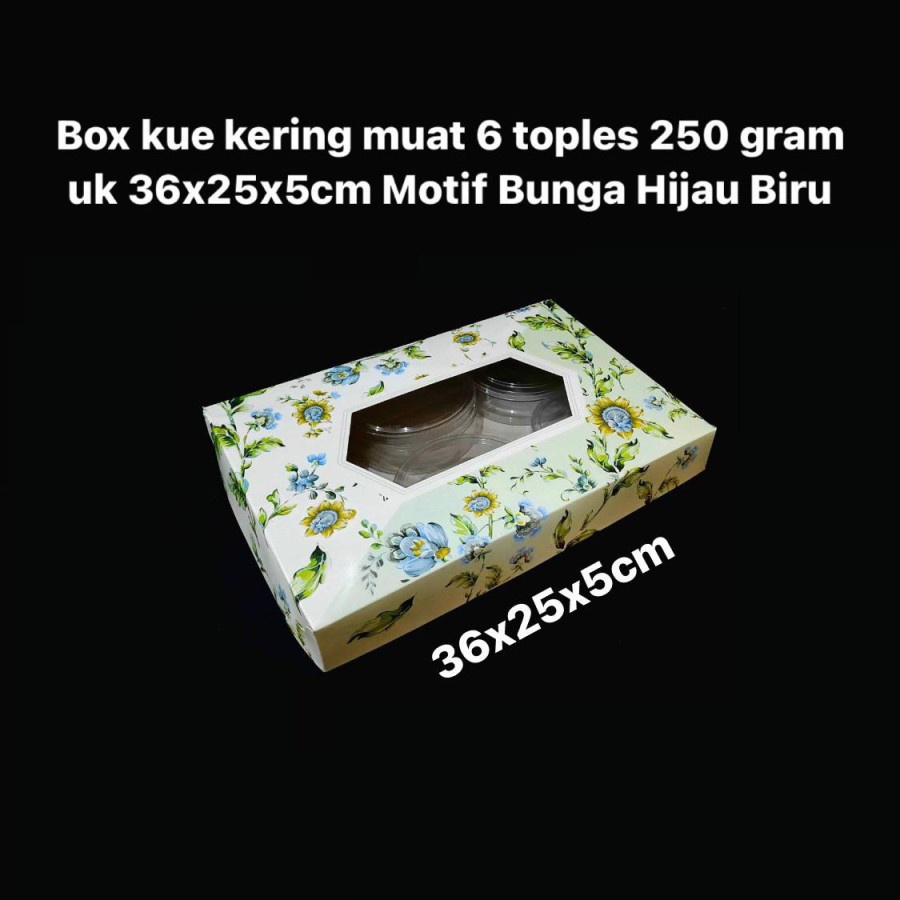 

box kemasan 6 toples 250 gr dus packaging kue kering kotak hampers motif bunga hijau biru size 36x25x5 cm