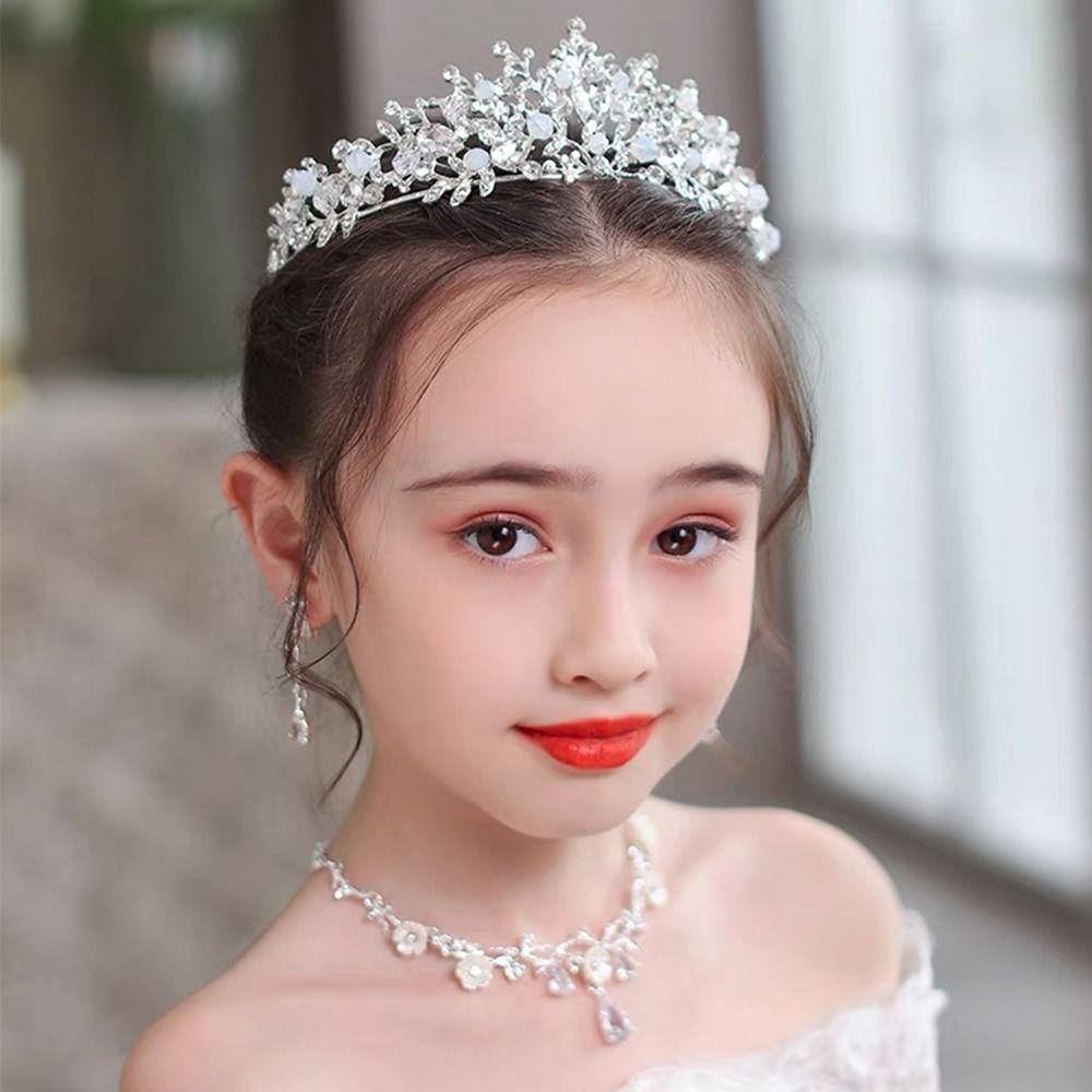 NEEDWAY Needway Set Perhiasan Pernikahan Pengantin Elegan Bergaya Shiny Bunga Menjuntai Anting Perhiasan Fashion Berlian Imitasi Kristal Mahkota