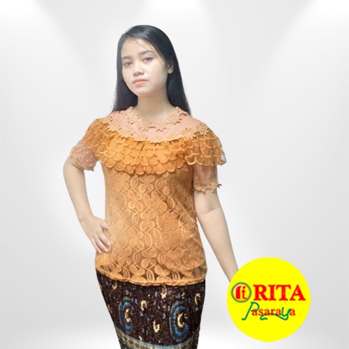 Blouse Brukat Lengan Pendek / Atasan Brukat Kebaya Modern Coklat
