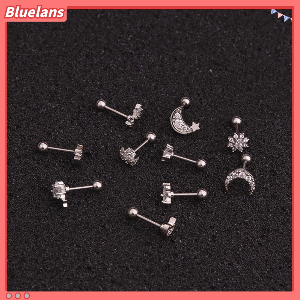 1pc Anting Stud Cubic Zirconia Inlaid Bentuk Bunga Bintang Bulan Untuk Wanita