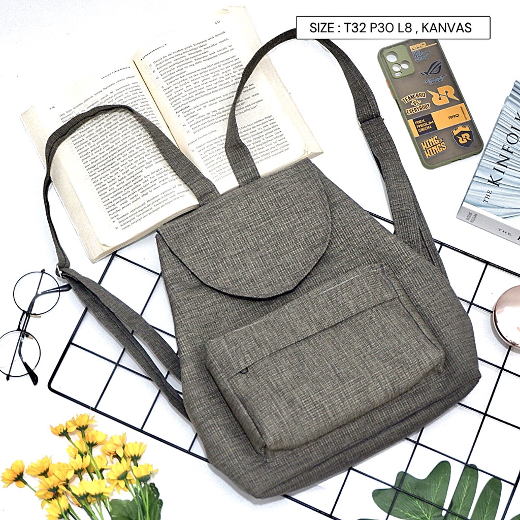 Bayar di Tempat COD Tas Ransel Serut Bahan Kanvas KANTONG Depan Ukuran Medium tas punggung wanita-Warna 673