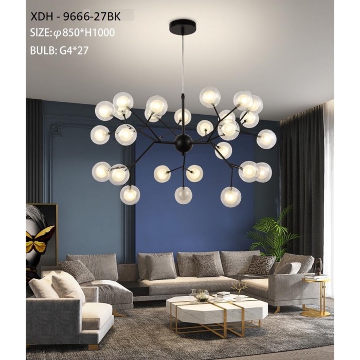 LAMPU GANTUNG MODERN MINIMALIS XDH 9666/27 BK GD KACA SUSU