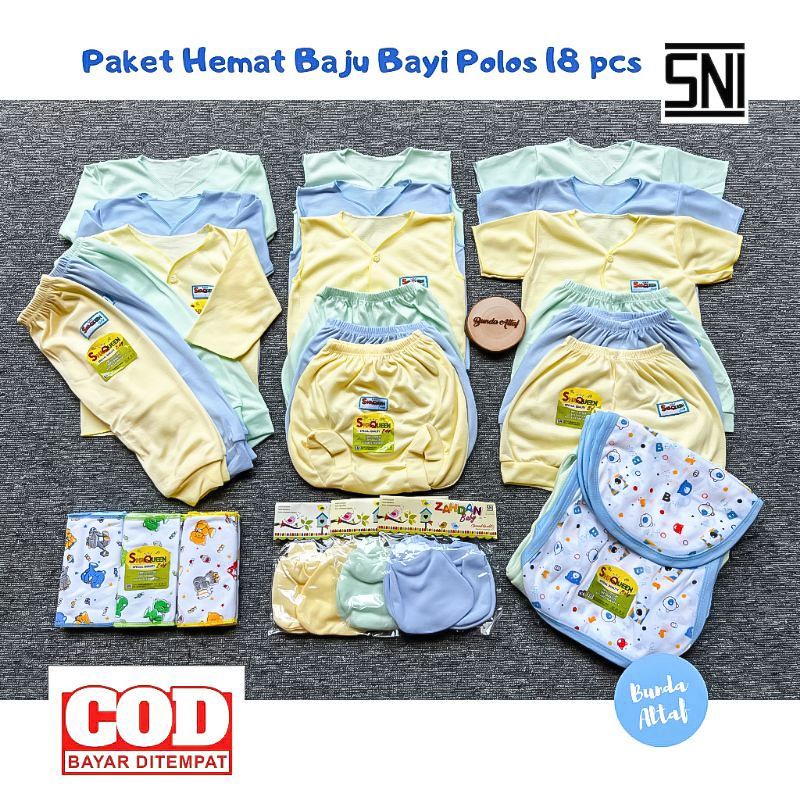 Paket Hemat Baju Bayi Polos 18 pcs SNI Shaqueen / Zahdan Baby  - Perlengkapan Pakaian Bayi Baru Lahir [ Bunda Altaf ]