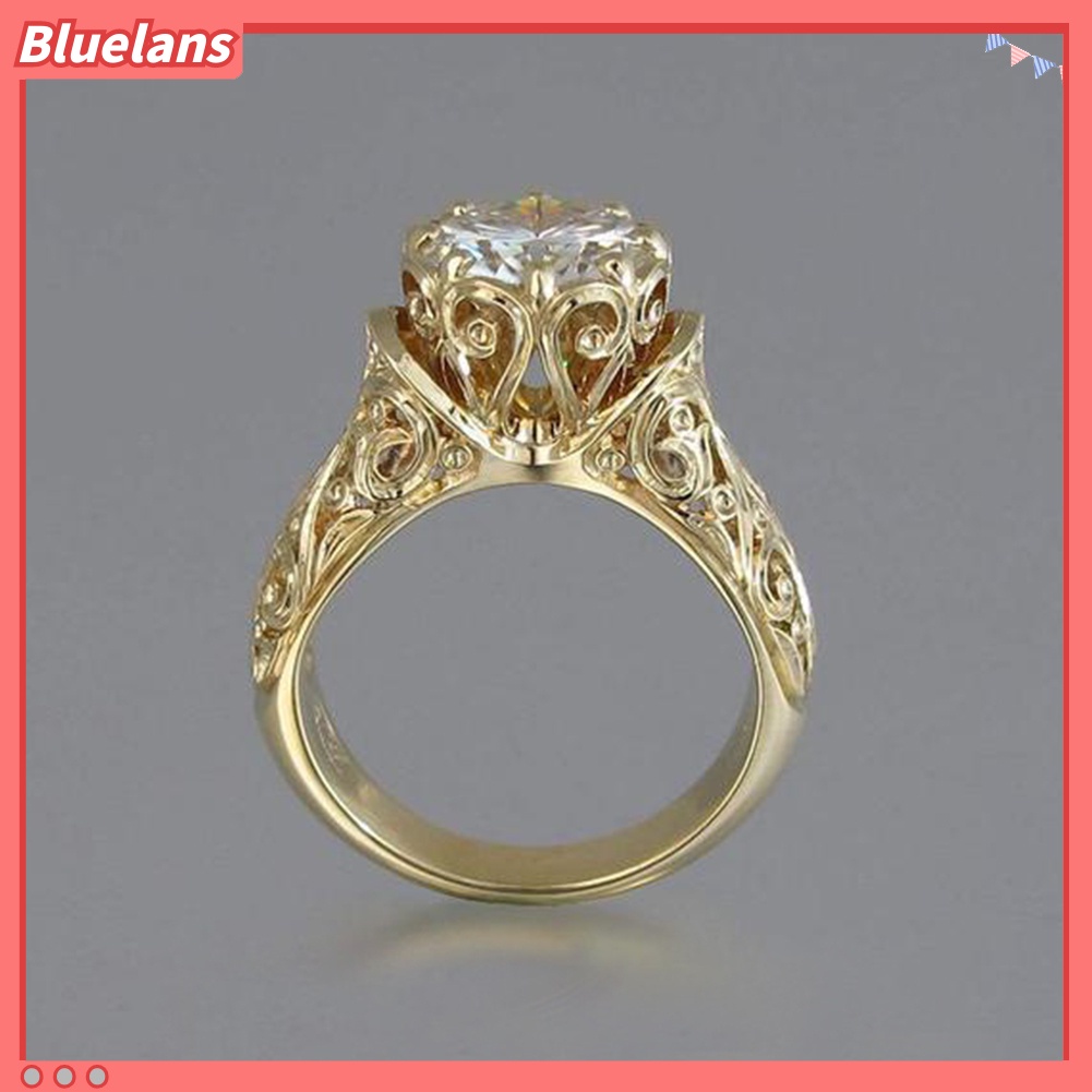 Bluelans Vintage Women Carved Flower Round Rhinestone 8 Claw Engagement Finger Ring Decor