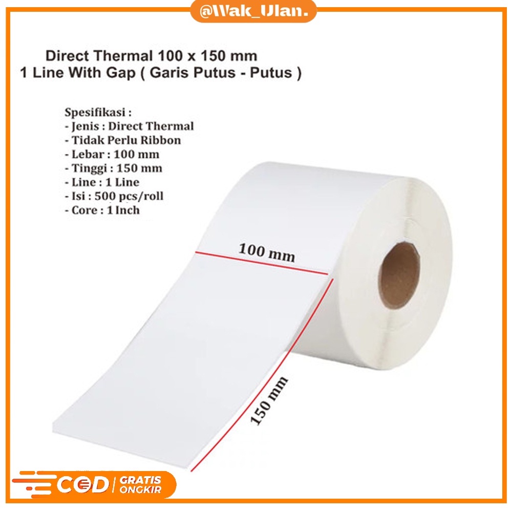 KERTAS LABEL STICKER THERMAL 100 X 150 BARCODE 100X150 ISI 500 LEMBAR PER ROLL UKURAN A6 UNTUK PACKING PAKET