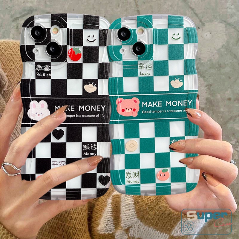 Checkerboard Pasangan Case Untuk Realme C53 C12 C35 C33 C55 C15 9i 7i C25 C25Y C11 C30 C20A C21Y C3 C20 C25s C20A 5i 5s 6i 5lucu Beruang Kelinci Baru Bergelombang Tepi Lembut Tpu Belakang Full Cover