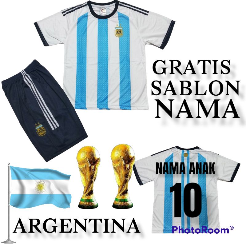 SETELAN BAJU BOLA ARGENTINA PIALA DUNIA QATAR 2022UMUR 5-12THN GRATIS SABLON NAMA