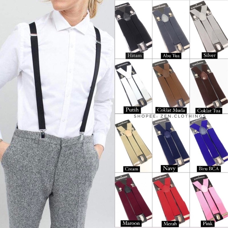 Suspender Tali Jojon Bretel Pria Dewasa Aneka Warna (Hitam Abu Silver Putih Cream Krem Coklat Cokelat Merah Maroon Marun Burgundy Navy Biru Dongker)