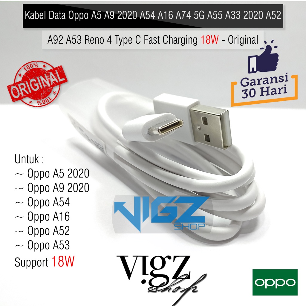 Kabel Data Charger Oppo A16 A33 2020 A52 A53 A54 A5 A9 2020 A74 5G A92 Reno 4F Type C Fast Charging 18W Original