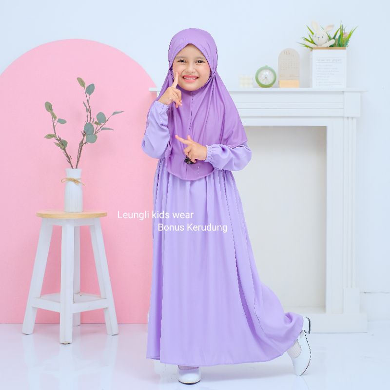 Umur 2 sd 12 Tahun Gamis Anak Perempuan set hijab Baju Muslim Anak perempuan warna ungu polos