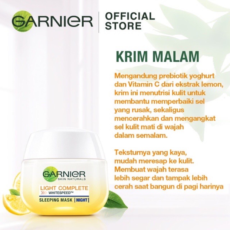 GARNIER BRIGHT COMPLETE DAY / NIGHT CREAM [ 50 ML ] WHITE SPEED SERUM KRIM SIANG MALAM SKIN CARE SKINCARE SPF 36 PA +++ VITAMIN C LEMON SOY YOGHURT SLEEPING MASK KULIT CERAH ORIGINAL