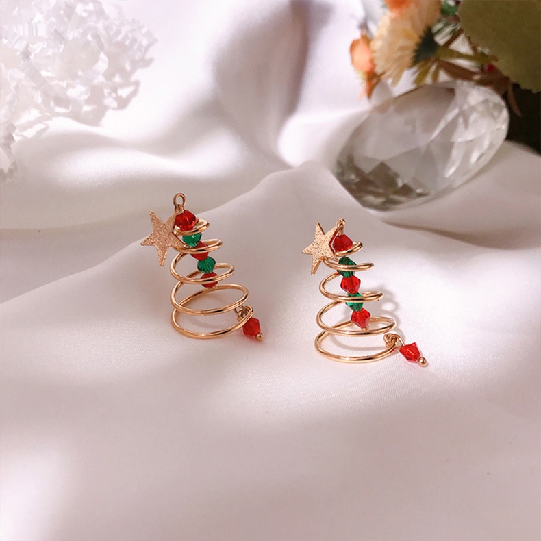 1 Pasang Anting Stud Hias Liontin Pohon Natal Kristal Berlian Gaya Vintage Korea Untuk Wanita