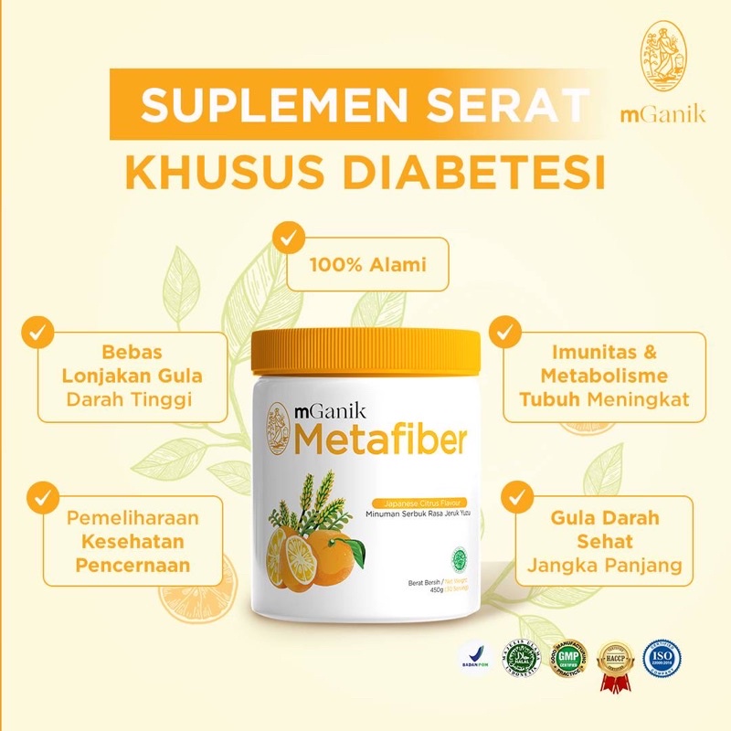 Mganik Metafiber 450 gr gram 1 TUB Jeruk yuzu lychee original M GANIK META FIBER minuman diabetes gula darah kencing manis penurun kolestrol darah tinggi gula darah  original 100% bpom halal mencegah menyembuhkan obat hipertensi