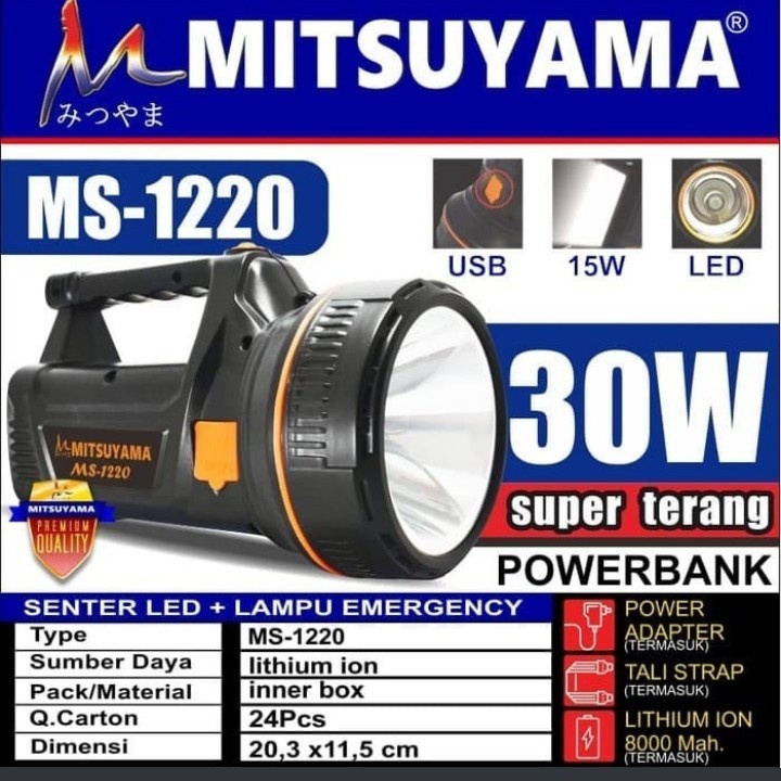 Senter Tangan 30w Led 18650 + Lampu Emergency Mitsuyama Ms 1220-super terang