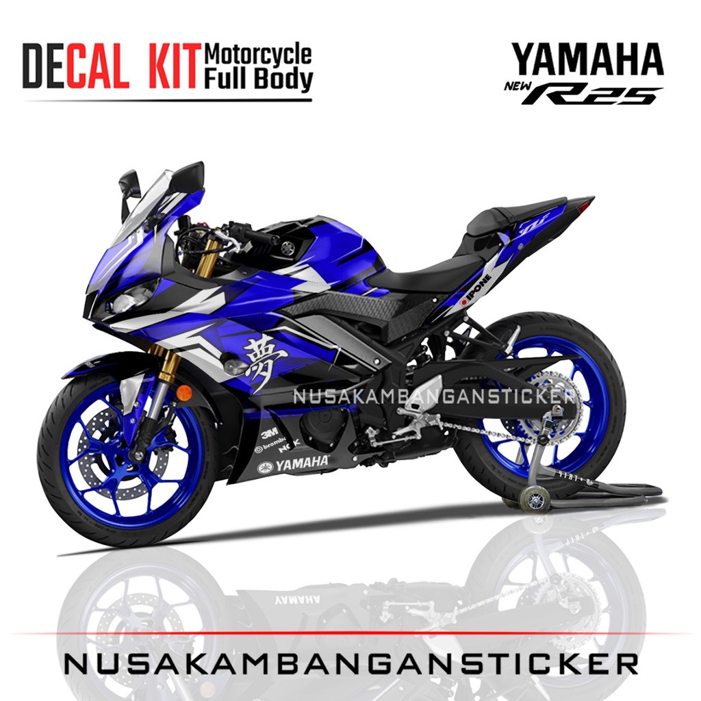 Stiker Decal Motor Yamaha R25 New Full Body Biru Putih Kanji Grafis Racing Team Sticker Custom Varia