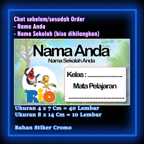 

Stiker Label Buku Rio Burung Biru Kartun Anime Lucu Karakter Lucu Custom Lebel Nama cromo murah 20 Varian berbeda Sticker Pelajaran Mapel buku anak sekolah Vol 13