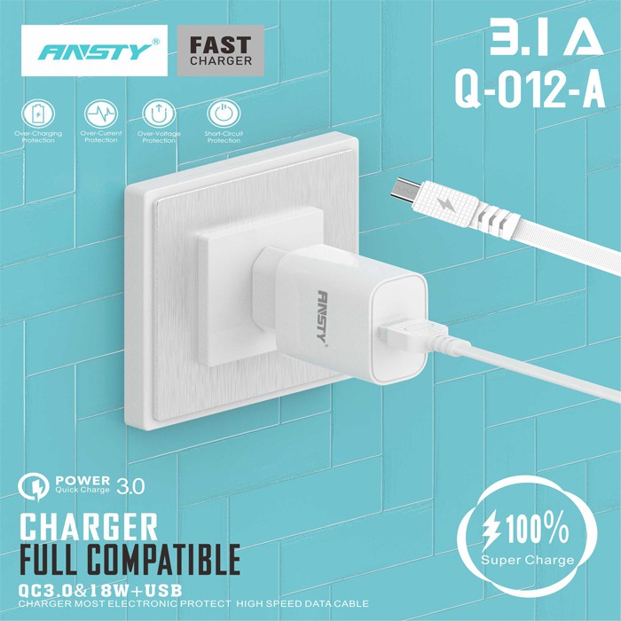 TC ANSTY Q-012 - ADAPTER - CHARGER 3.0A FAST CHARGING DAN VOOC