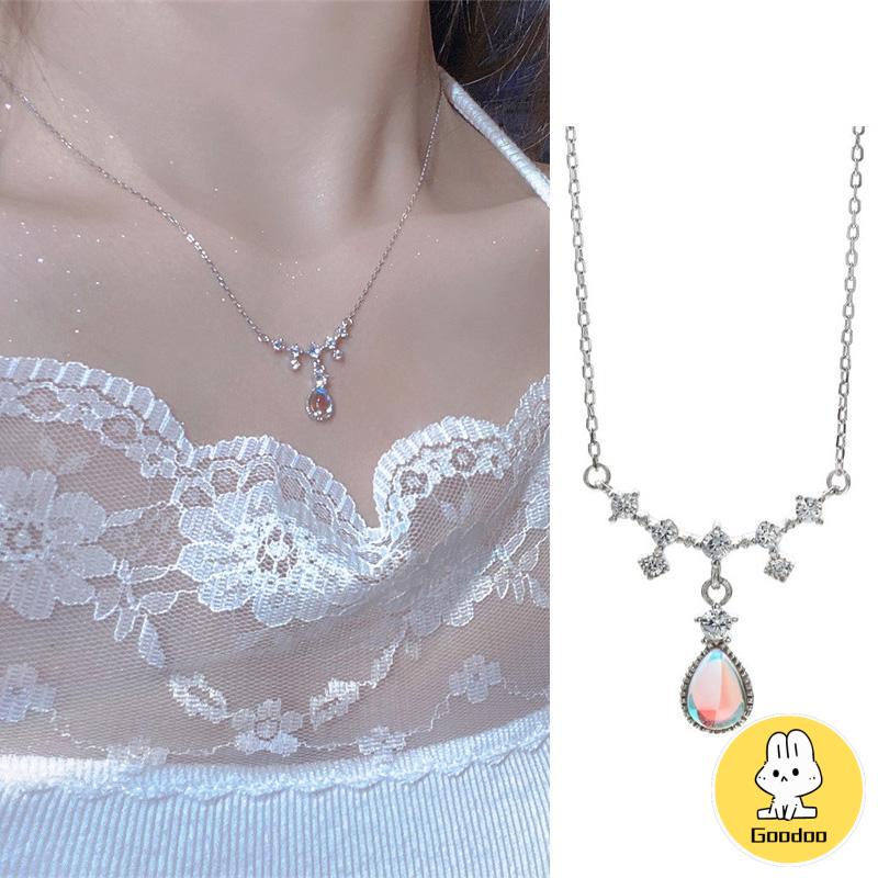 Kalung Fashion Wanita All-match Niche Design Light Luxury Moonstone Water Drop Necklace -Doo