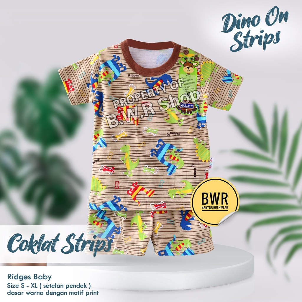 [ 3 Setel ] Setelan RIDGES PENDEK Dino On Strips / Setelan Piyama Baju Main Tidur Anak Unisex Motif Lucu Grosir 10rs | Bwr