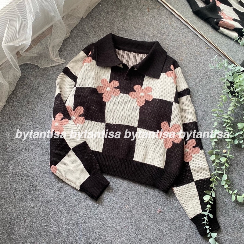 SWEATER RAJUT POLO PORARA TEBAL CROP MOTIG BUNGA KOTAK