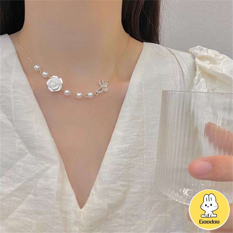 Desain Niche Indah Mutiara Busur Mawar Kalung Gadis Temperamen -Doo