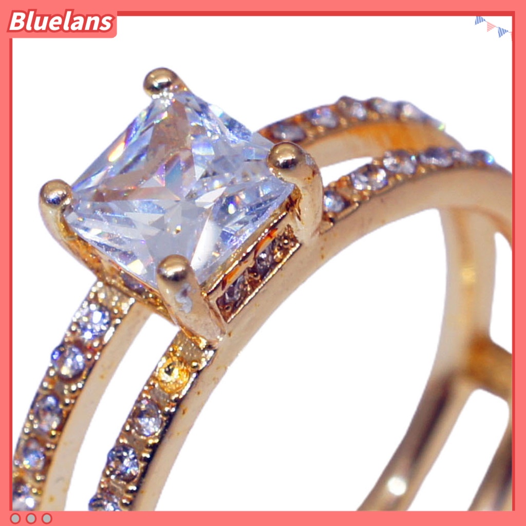Bluelans Cincin Wanita Model Lapis Ganda Bentuk Persegi Aksen Berlian Imitasi Untuk Pernikahan