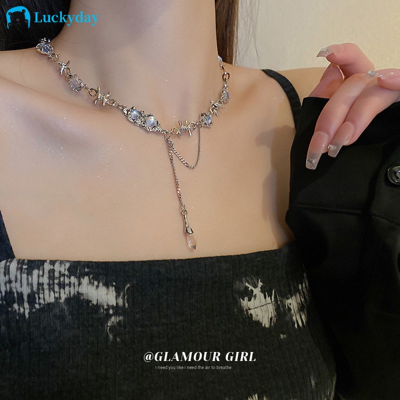 YEEZII Kalung Choker Rantai Silver Dengan Liontin Batu Permata Rumbai Untuk Wanita