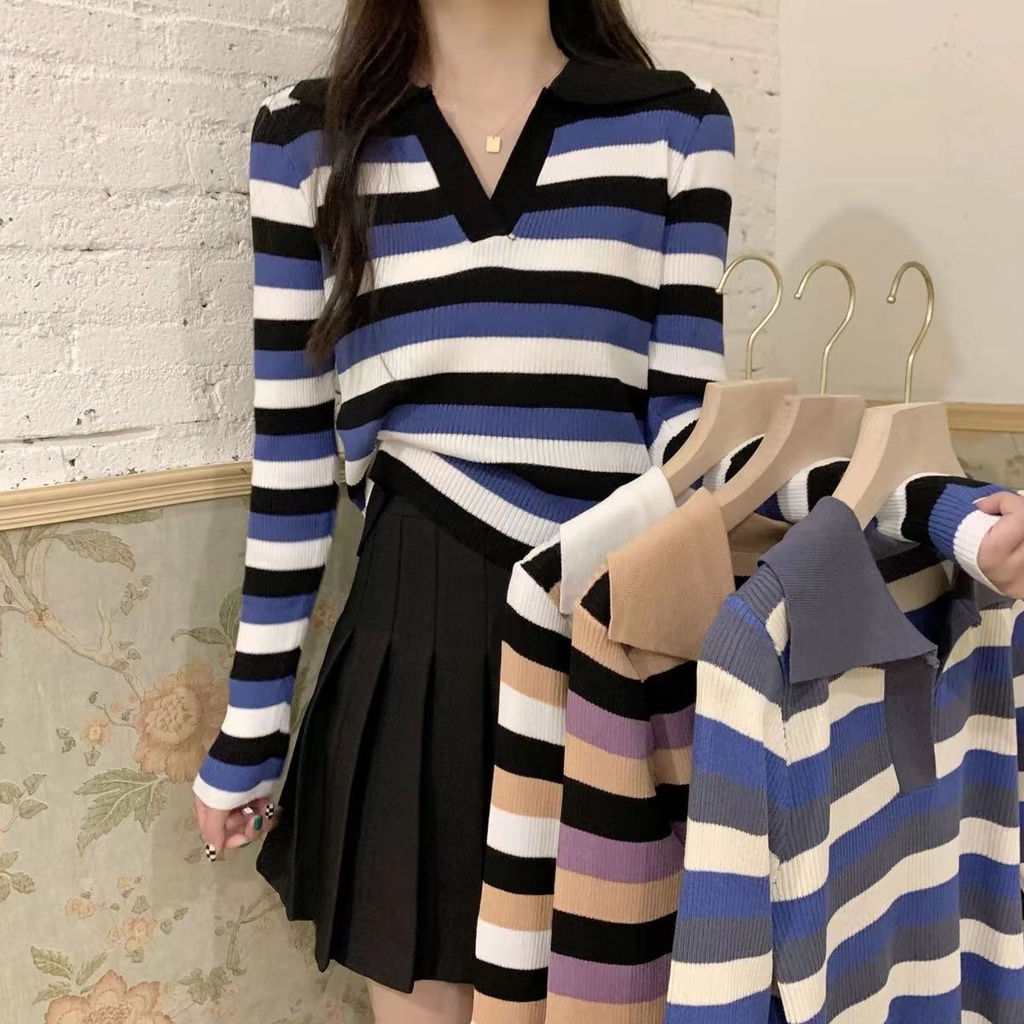 Polo Shirt Rajut Stripe Wanita Lengan Panjang Atasan Korea