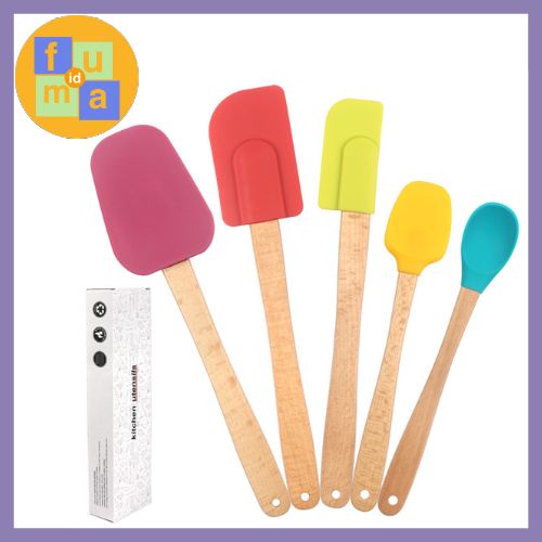 5 Pcs Utensil Set Spatula kayu Baking Sutil Sendok / Spatula Silikon Gagang kayu tahan panas / Peralatan Masak Murah / spatula silikon gagang kayu
